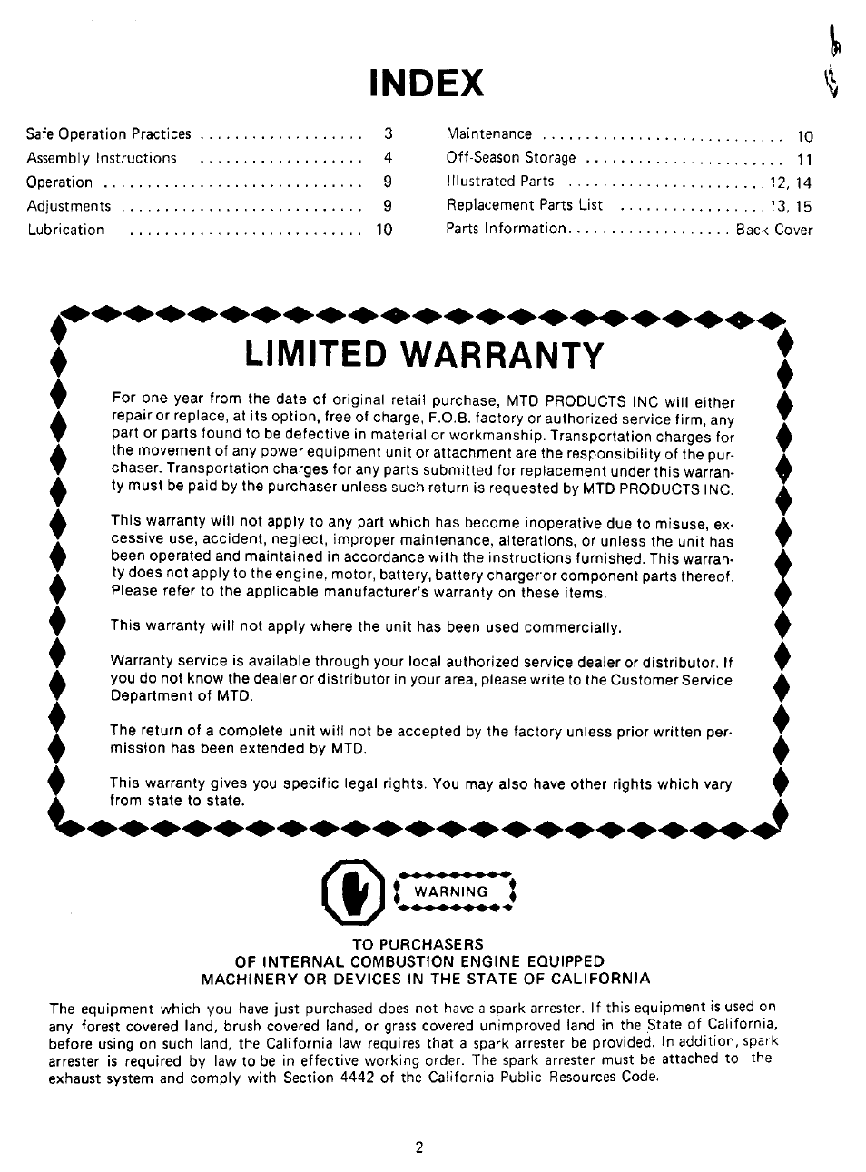 Index, Limited warranty | MTD 243-689A User Manual | Page 2 / 16