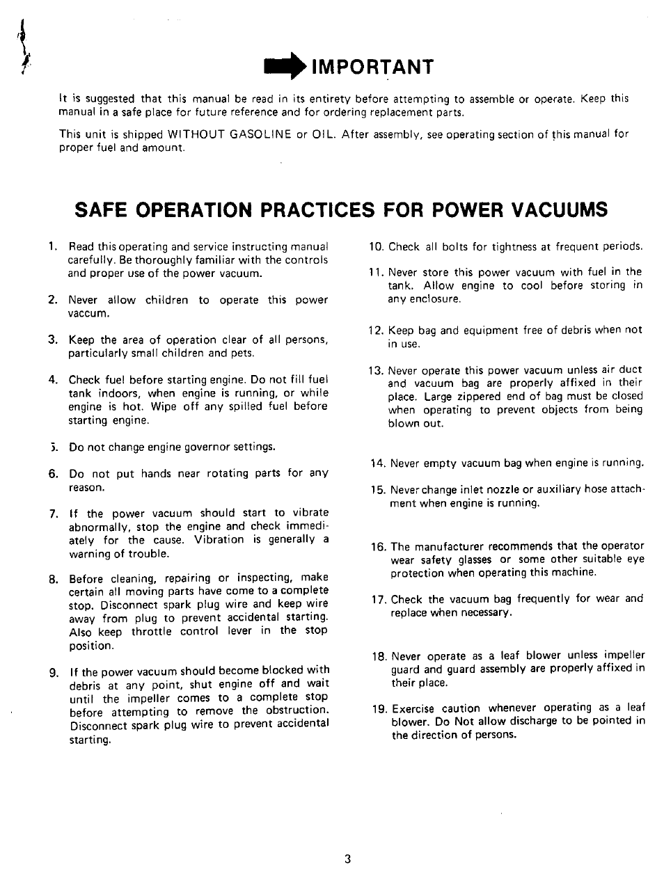 Important, Safe operation practices for power vacuums | MTD 243-689A User Manual | Page 3 / 16