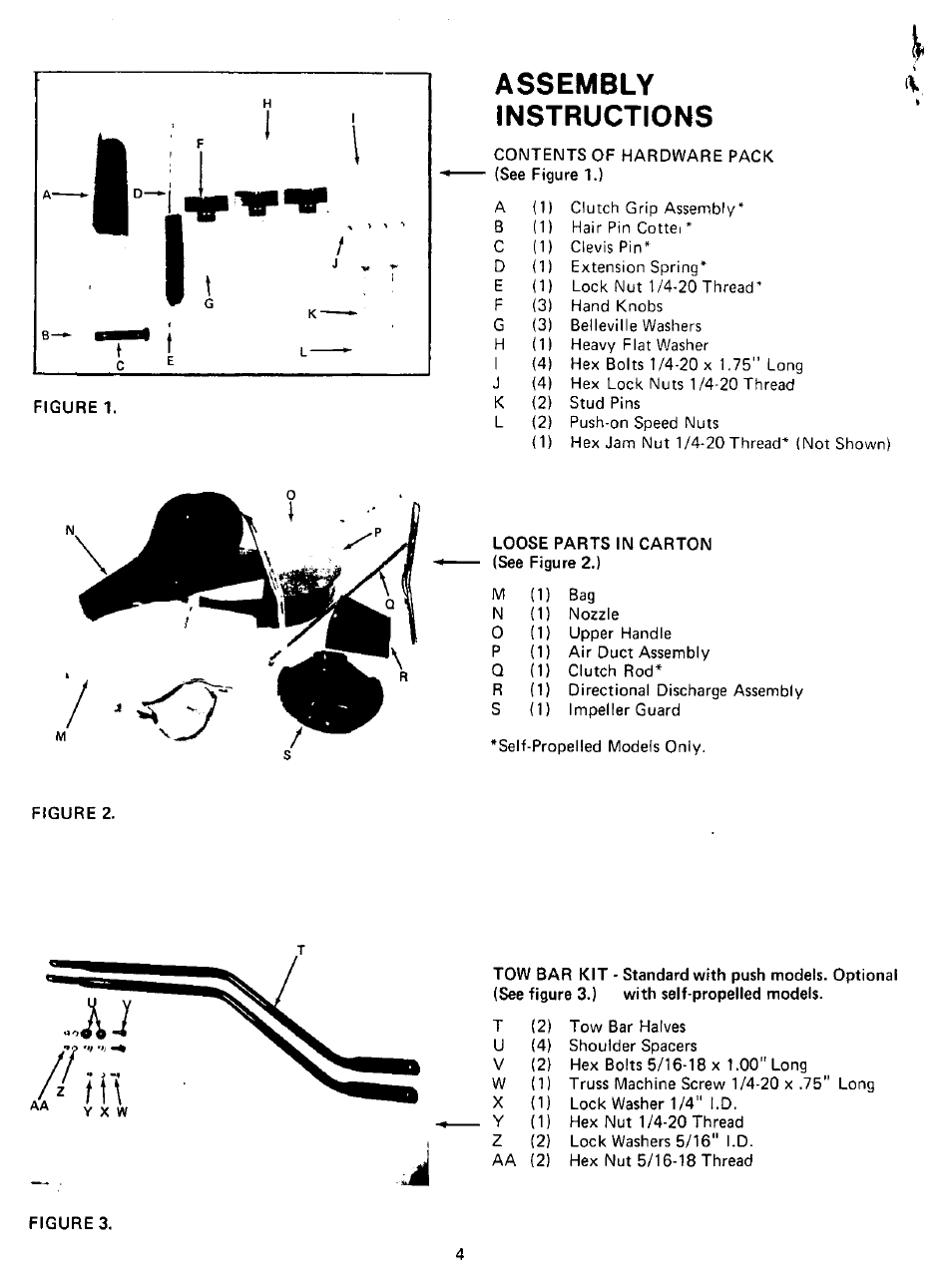 Loose parts in carton, Assembly instructions | MTD 243-689A User Manual | Page 4 / 16