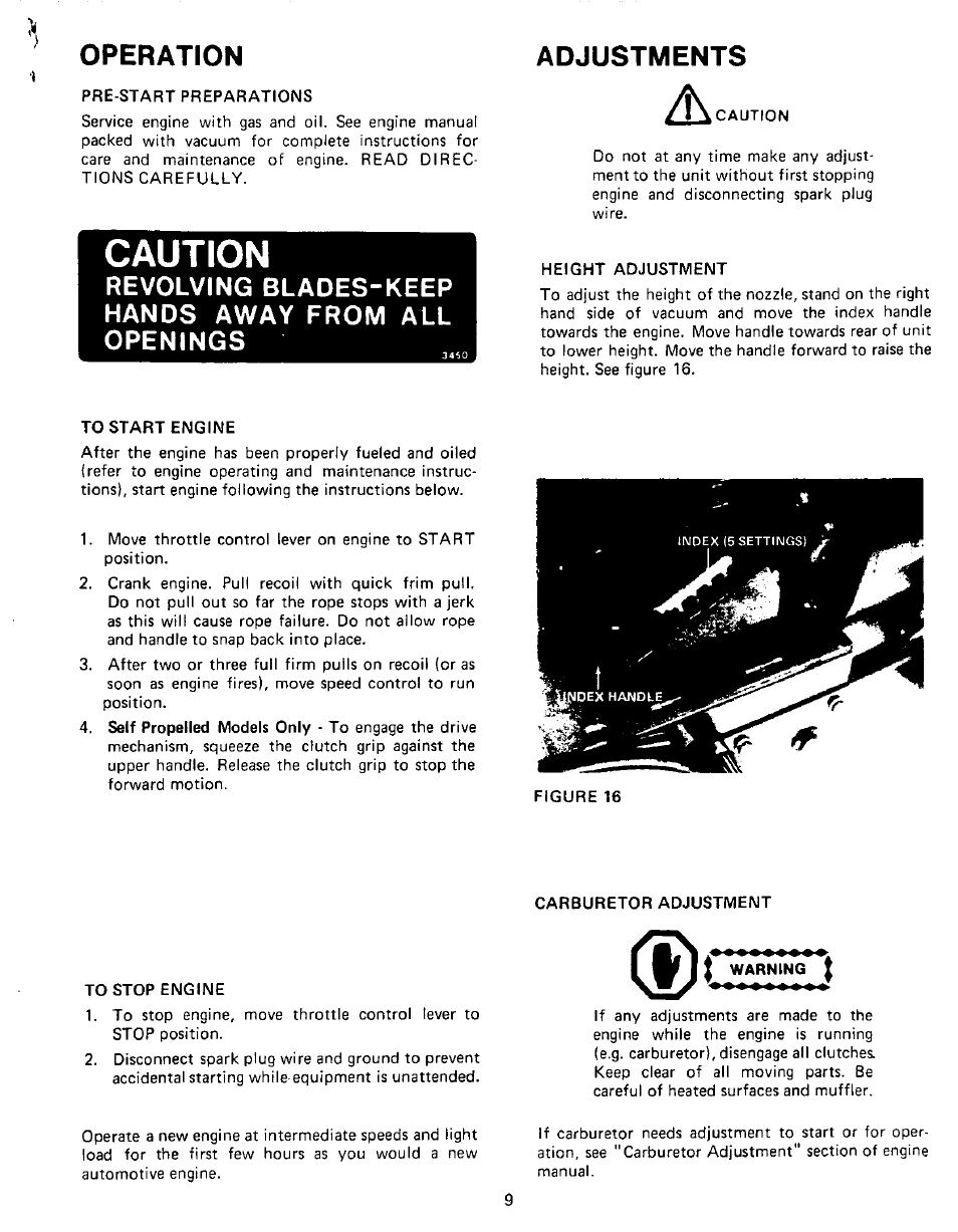 Operation, Caution, Adjustments | I warning, Revolving blades-keep hands away from all openings | MTD 243-689A User Manual | Page 9 / 16