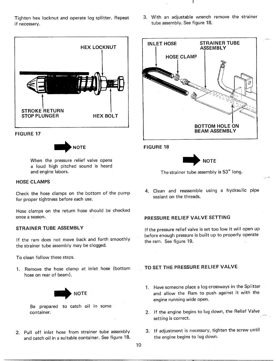 Hex locknut, Stroke return stop plunger, Hex bolt | Figure 17, Hose clamps, Strainer tube assembly, Inlet hose, Bottom hole on beam assembly, Figure 18, Note | MTD 241-645A User Manual | Page 10 / 16