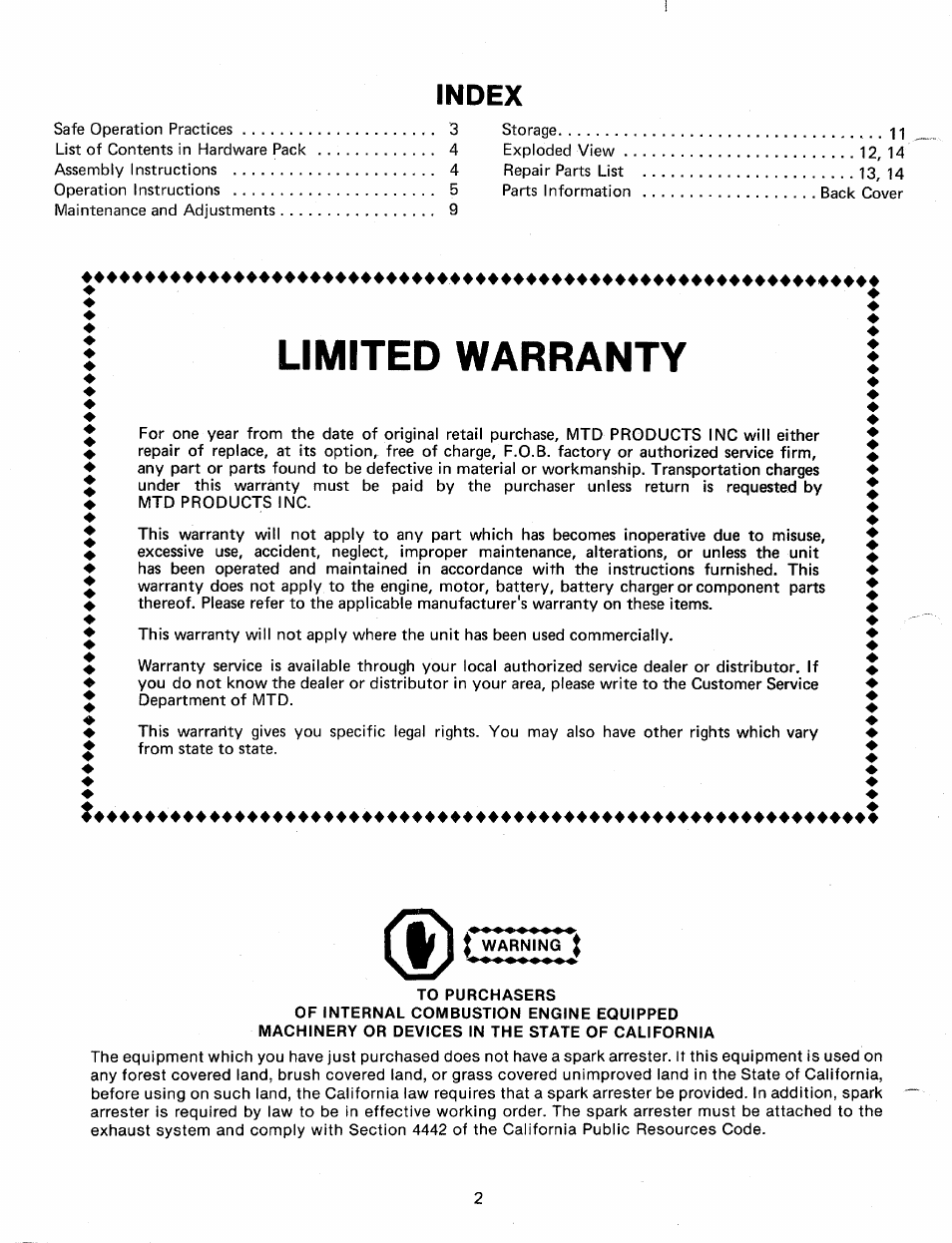 Index, Limited warranty, Warning | To purchasers | MTD 241-645A User Manual | Page 2 / 16