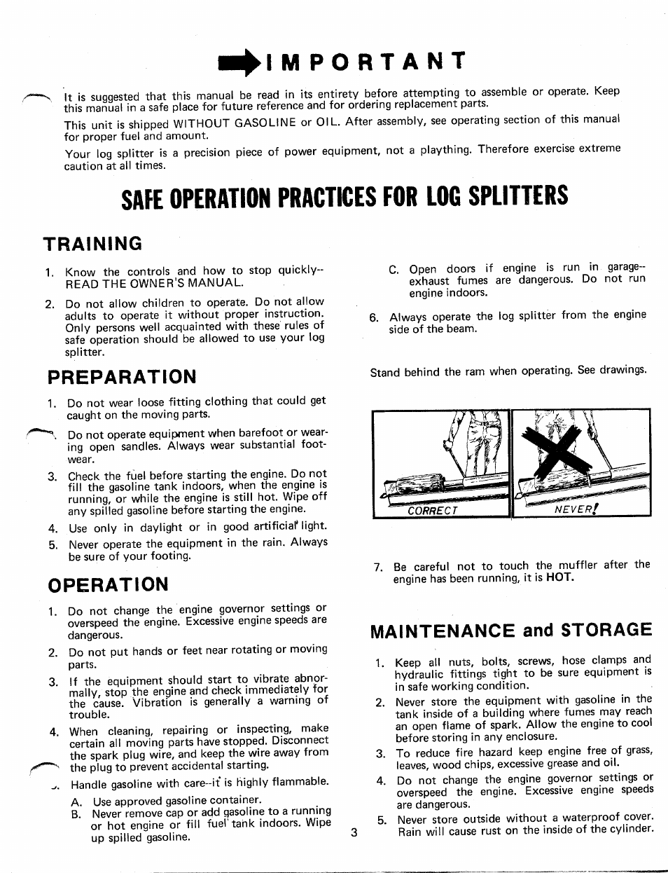 Safe operation practices for log splitters, Training, Preparation | Operation, Maintenance and storage | MTD 241-645A User Manual | Page 3 / 16