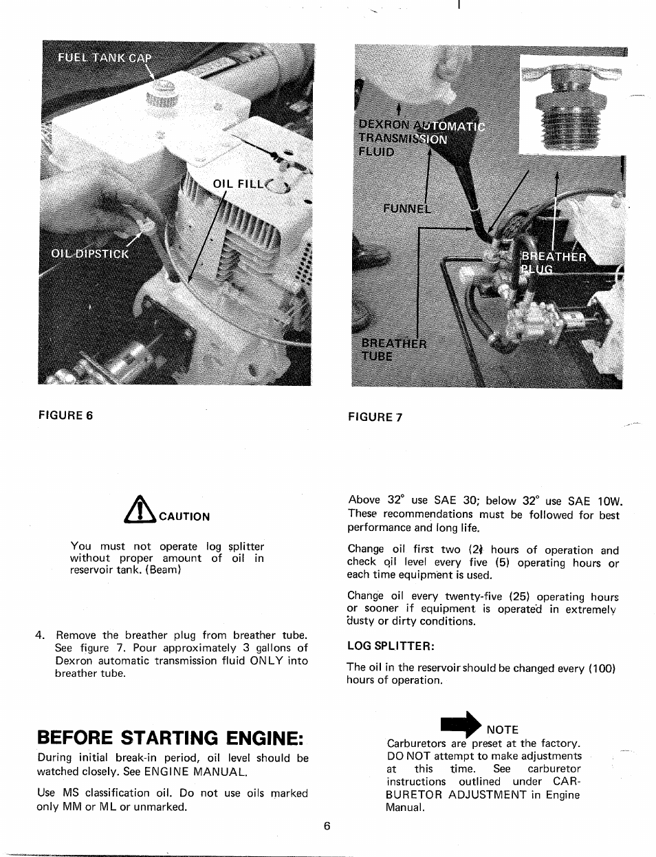 Figure, Log splitter, Before starting engine | MTD 241-645A User Manual | Page 6 / 16