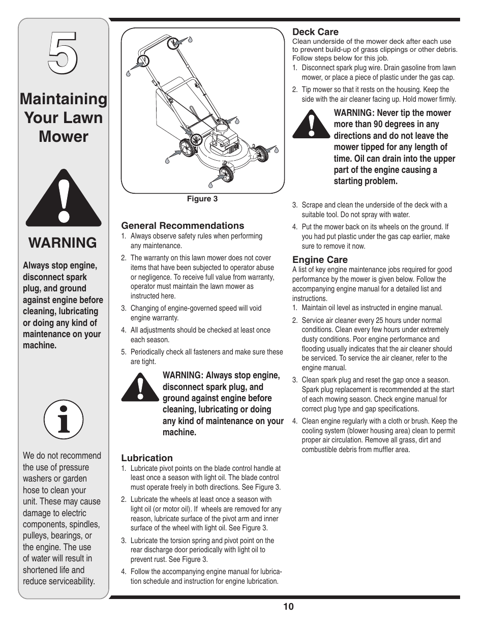 Maintaining your lawn mower, Warning | MTD 410 Series User Manual | Page 10 / 16