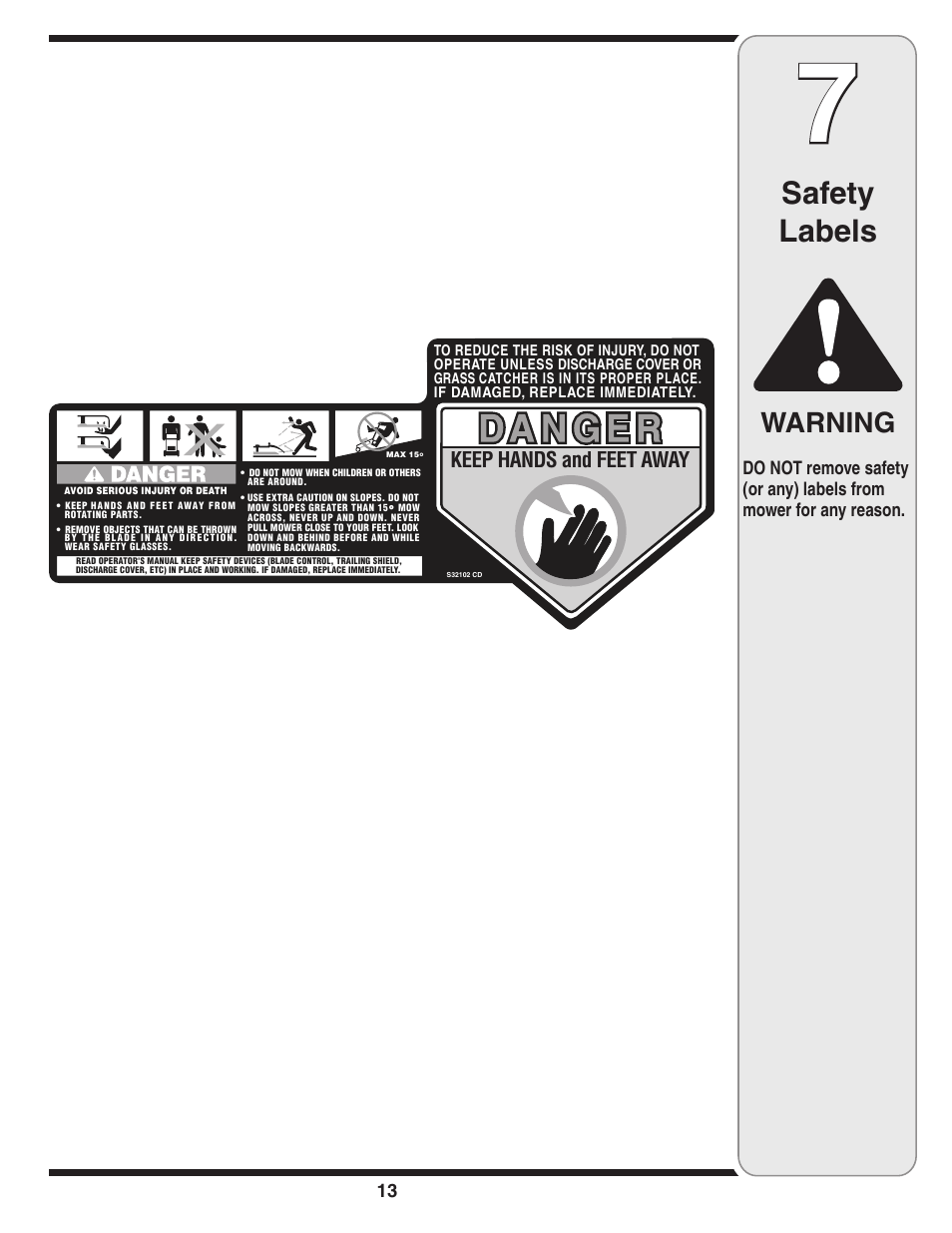 Safety labels, Warning | MTD 410 Series User Manual | Page 13 / 16