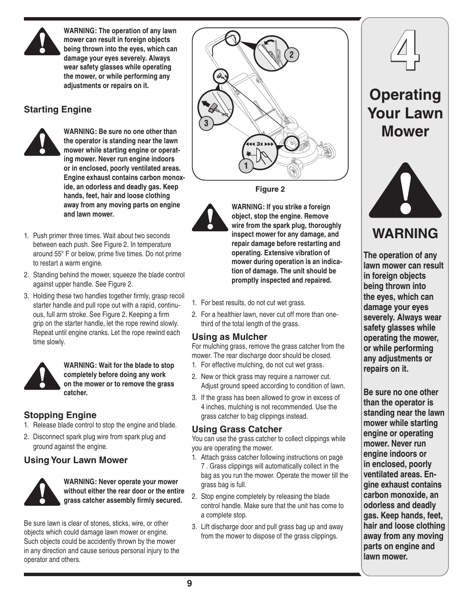 Operating your lawn mower, Warning | MTD 410 Series User Manual | Page 9 / 16