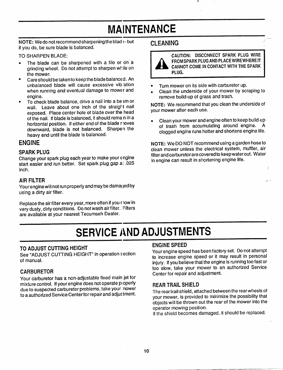 Maintenance, Spark plug, Air filter | Service and adjustments, To adjust cutting height, Carburetor, Engine speed, Rear trail shield, Maintenance service and adjustments | MTD 110-127R000 User Manual | Page 10 / 16