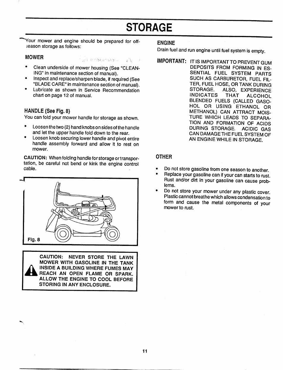 Storage, Mower „ .v, Handle (see fig. 8) | Engine, Other | MTD 110-127R000 User Manual | Page 11 / 16