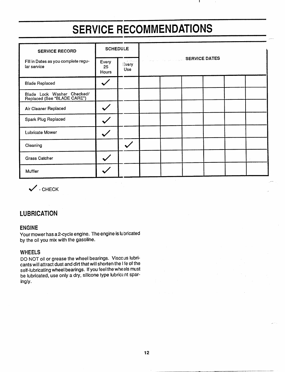 Service recommendations, Engine, Wheels | Lubrication | MTD 110-127R000 User Manual | Page 12 / 16