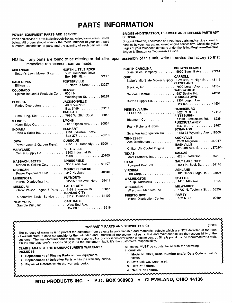 Parts information | MTD 110-127R000 User Manual | Page 16 / 16