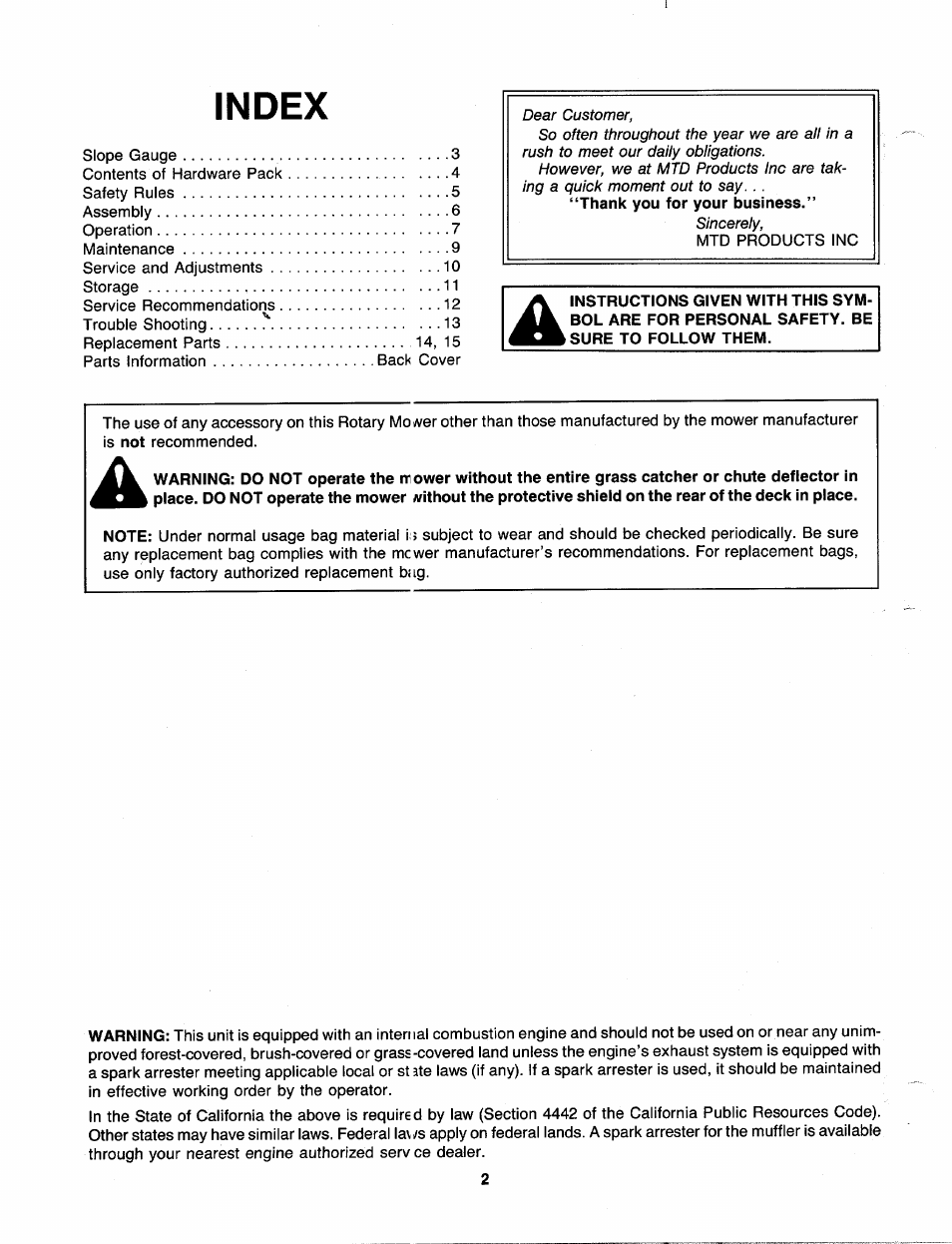 Index | MTD 110-127R000 User Manual | Page 2 / 16