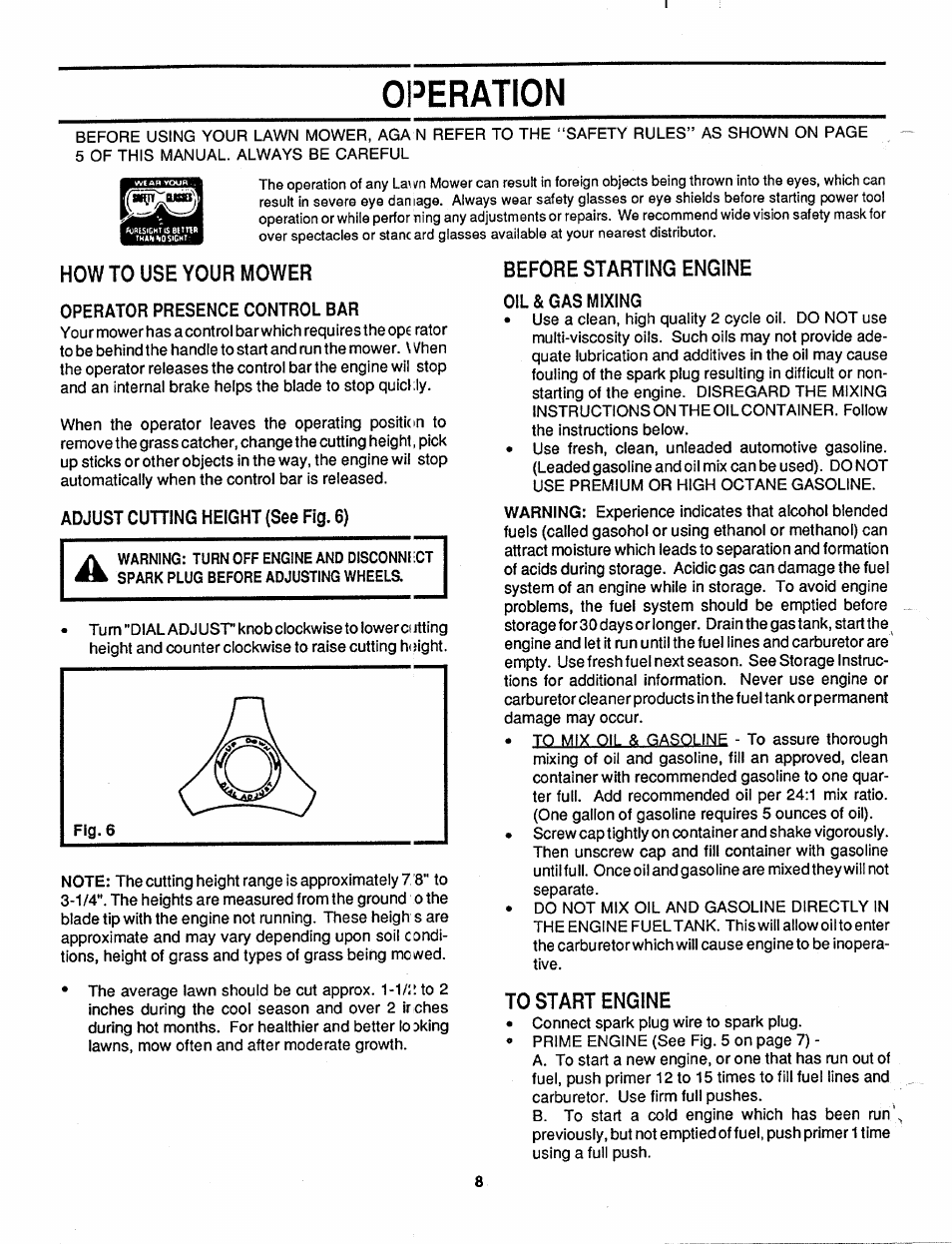 Operator presence control bar, Adjust cutting height (see fig. 6), Oil & gas mixing | Operation | MTD 110-127R000 User Manual | Page 8 / 16