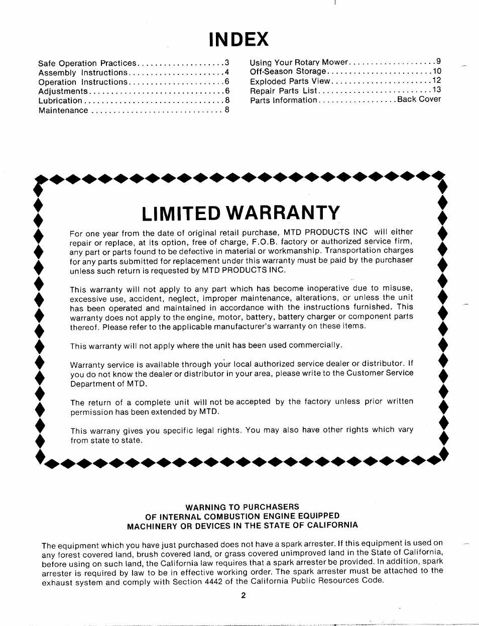 Index, Limited warranty | MTD 110-072A User Manual | Page 2 / 14