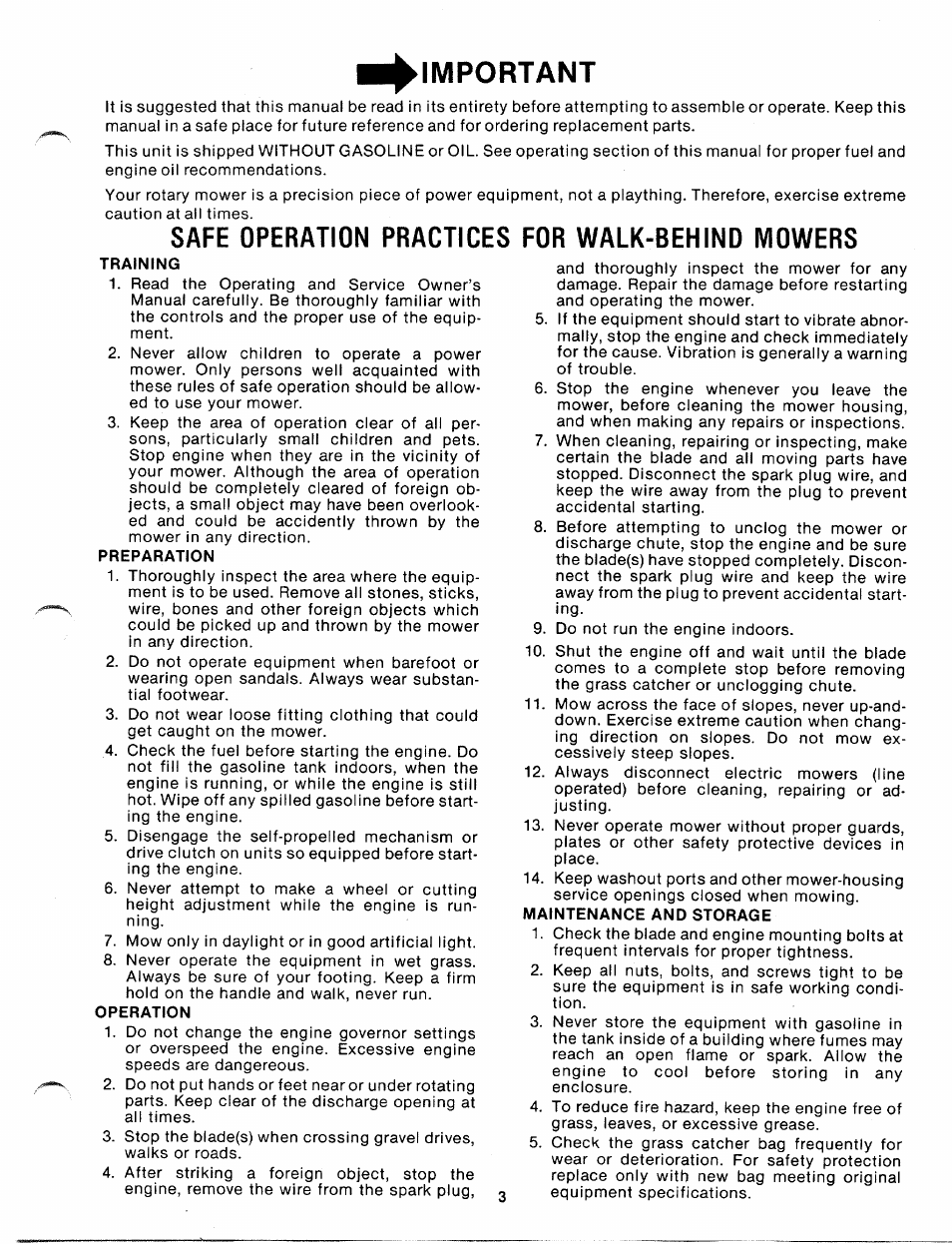 Important, Training, Preparation | Operation, Maintenance and storage, Safe operation practices for walk-behind mowers | MTD 110-072A User Manual | Page 3 / 14