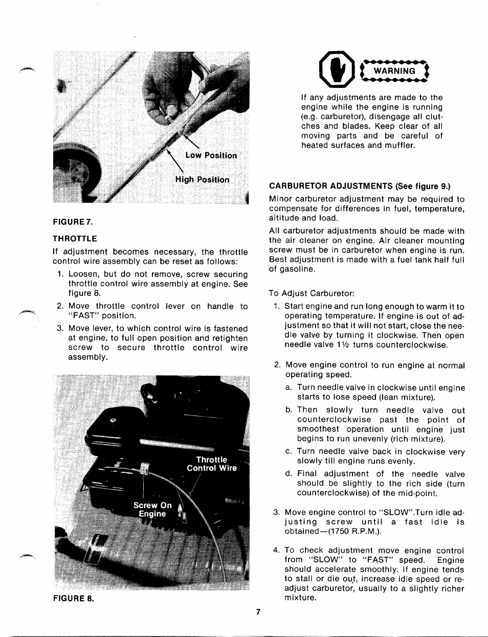 Figure, Throttle, Warning | Carburetor adjustments (see figure 9.) | MTD 110-072A User Manual | Page 7 / 14