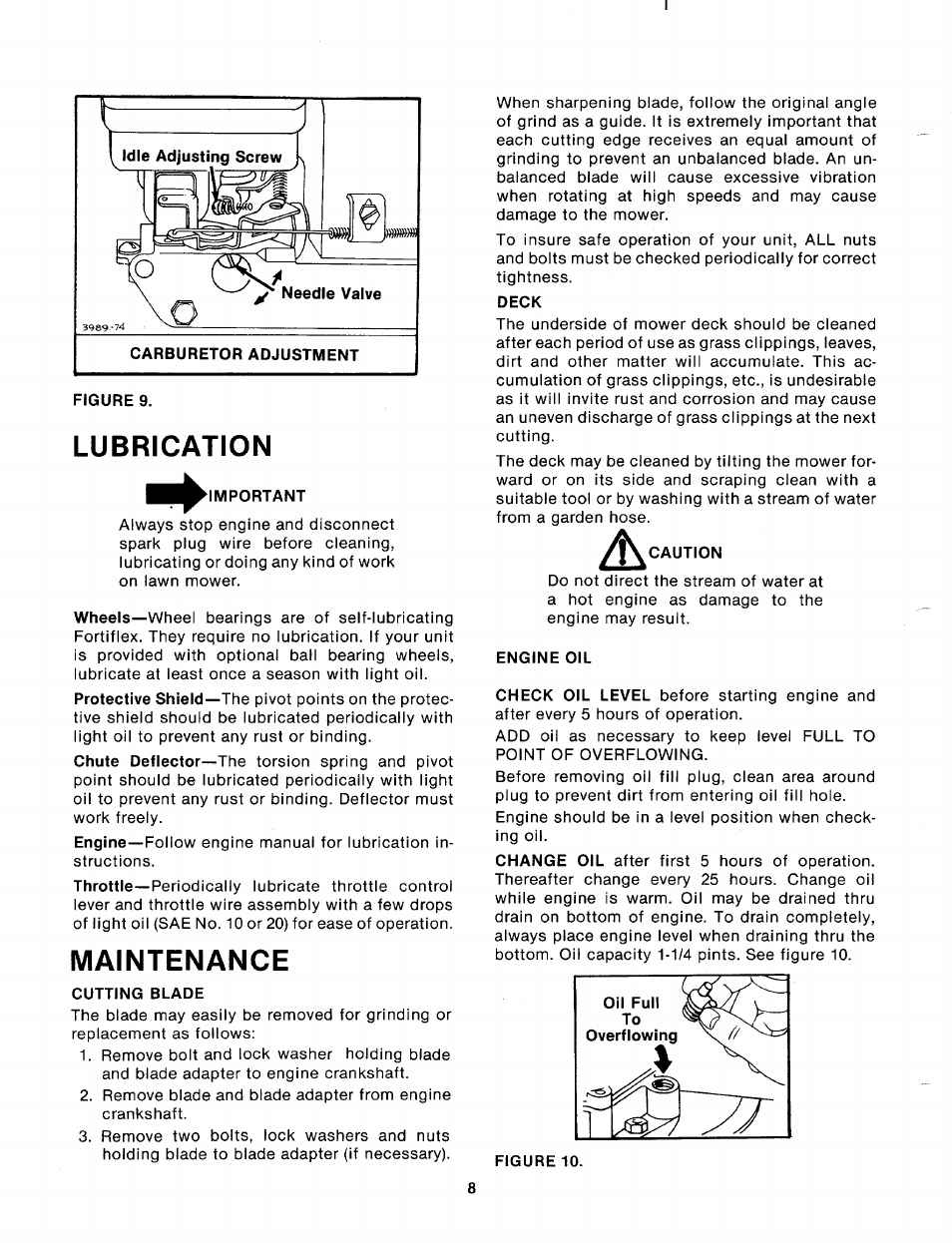 Lubrication, Maintenance, Cutting blade | Deck, Engine oil | MTD 110-072A User Manual | Page 8 / 14