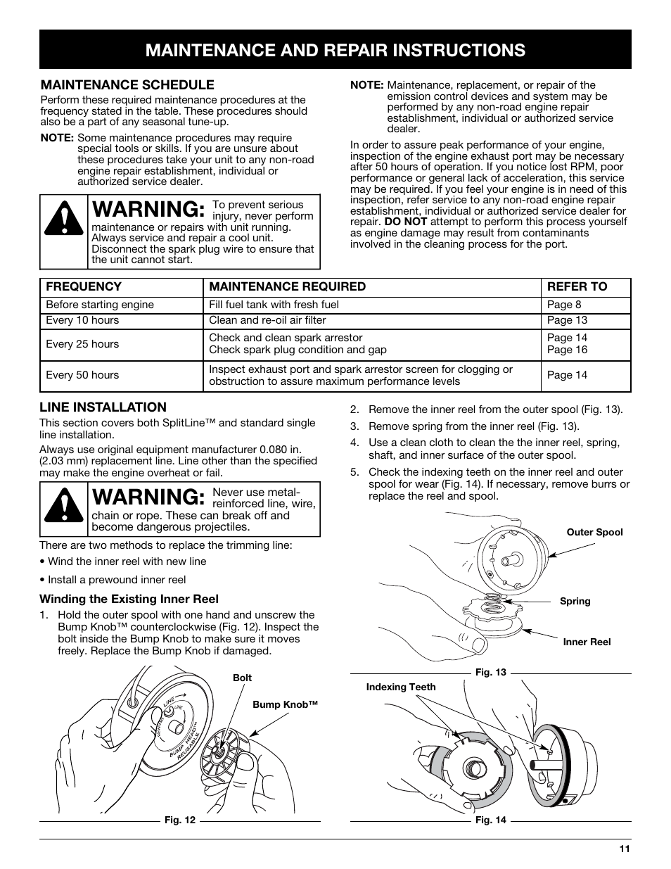 Warning, Maintenance and repair instructions | MTD TB65SS User Manual | Page 11 / 64