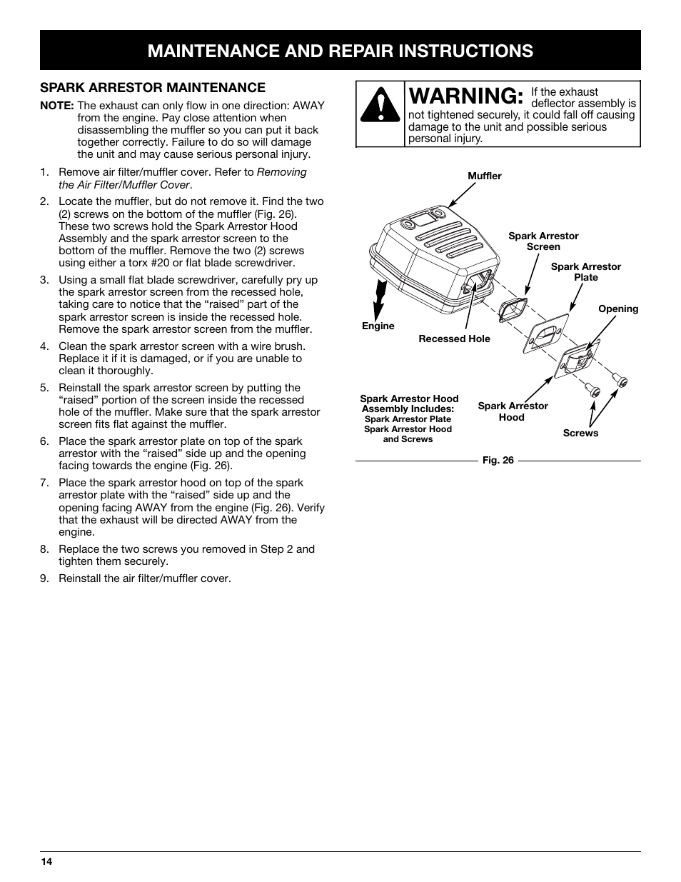 Warning, Maintenance and repair instructions | MTD TB65SS User Manual | Page 14 / 64