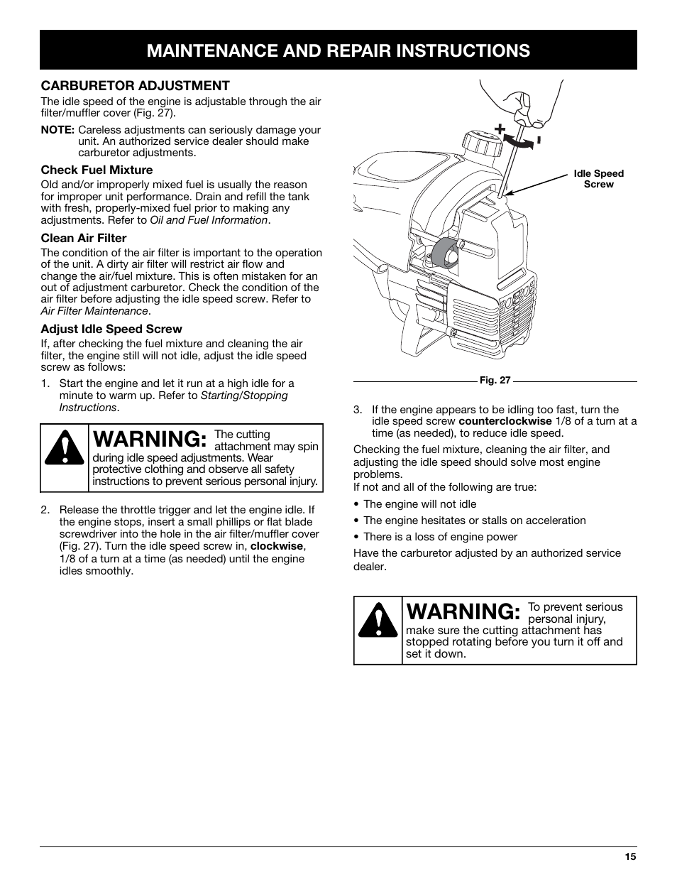 Warning, Maintenance and repair instructions | MTD TB65SS User Manual | Page 15 / 64