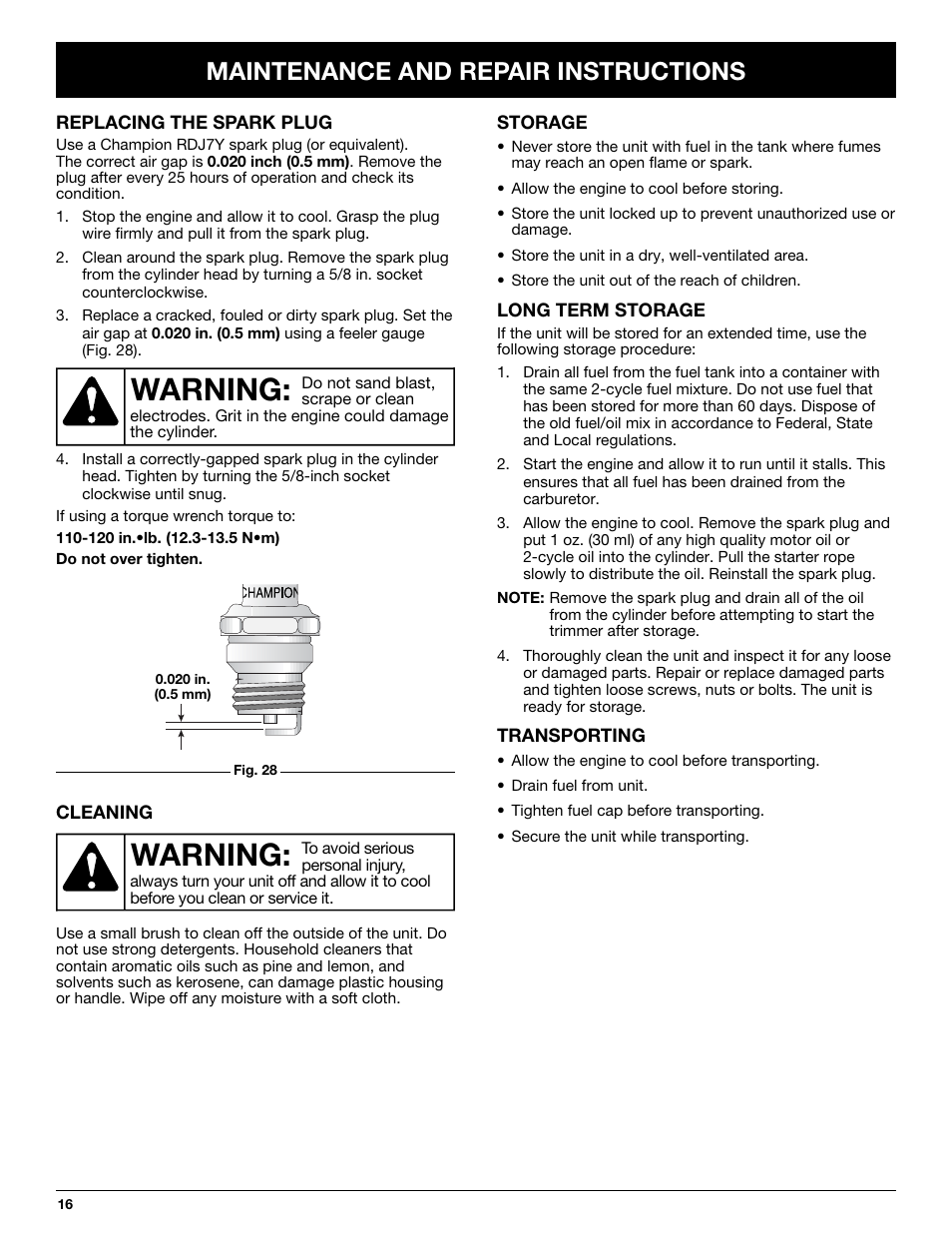 Warning, Maintenance and repair instructions | MTD TB65SS User Manual | Page 16 / 64