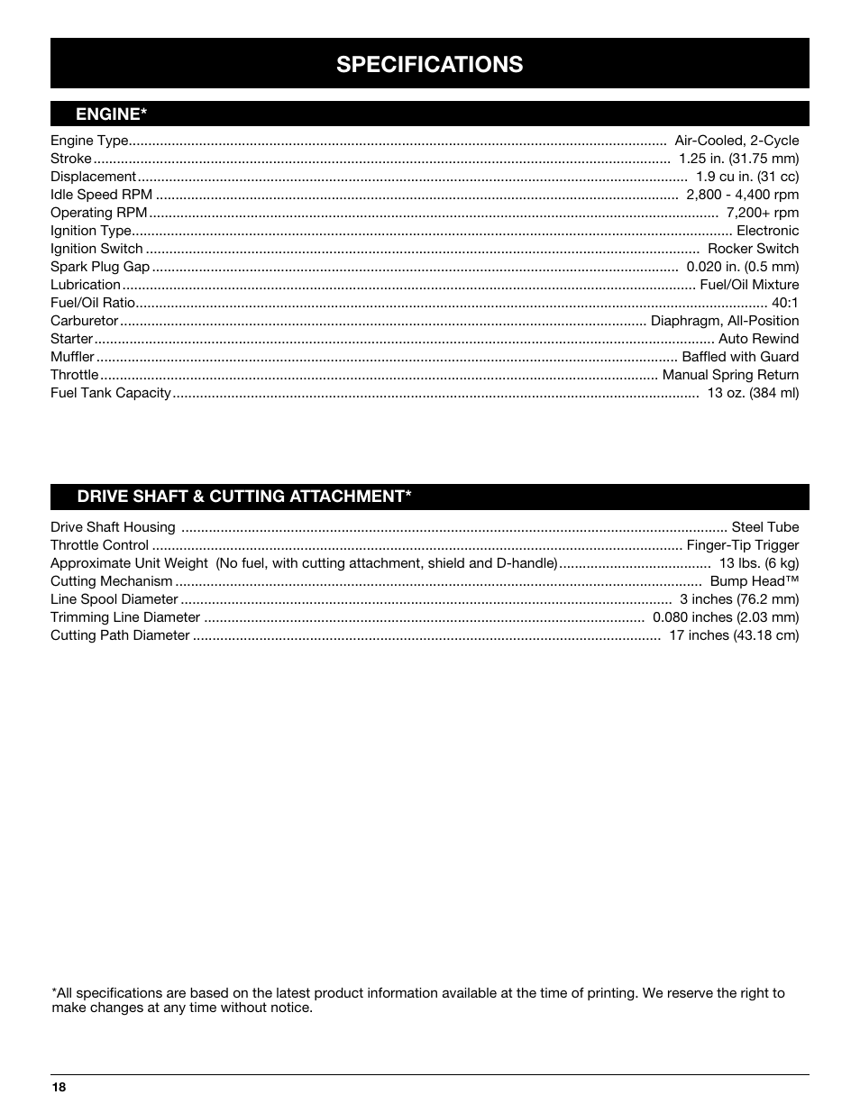 Specifications | MTD TB65SS User Manual | Page 18 / 64