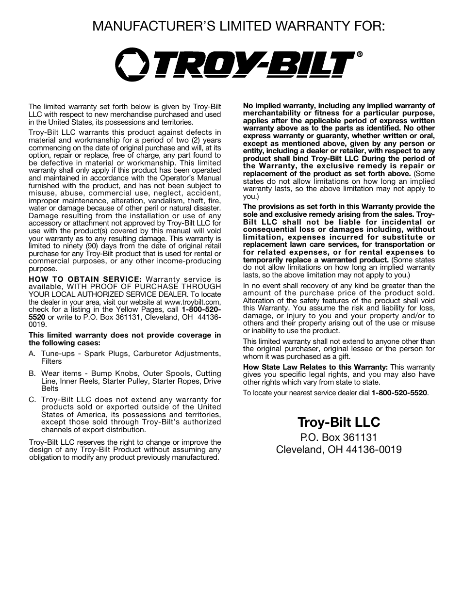 Manufacturer’s limited warranty for, Troy-bilt llc | MTD TB65SS User Manual | Page 20 / 64