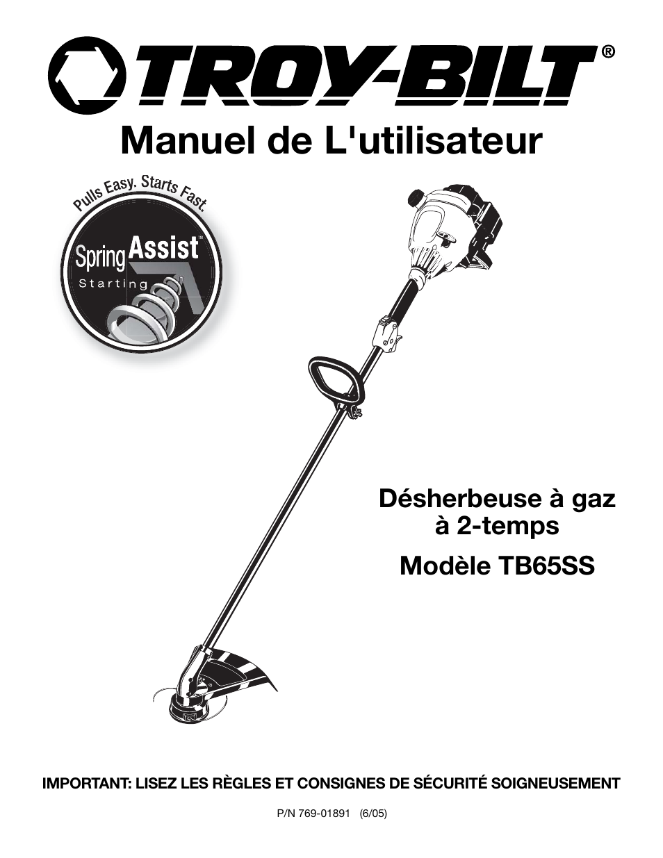 Manuel de l'utilisateur, Désherbeuse à gaz à 2-temps modèle tb65ss | MTD TB65SS User Manual | Page 21 / 64