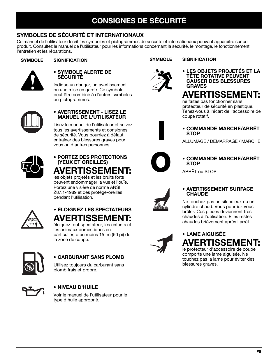 Avertissement, Consignes de sécurité | MTD TB65SS User Manual | Page 25 / 64