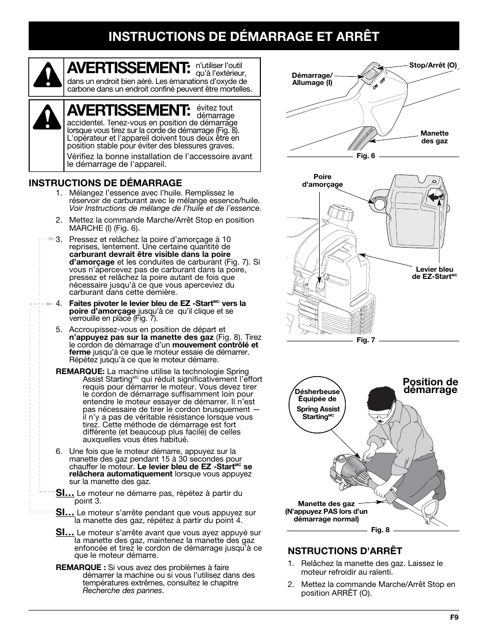 Avertissement, Instructions de démarrage et arrêt, Position de démarrage | MTD TB65SS User Manual | Page 29 / 64