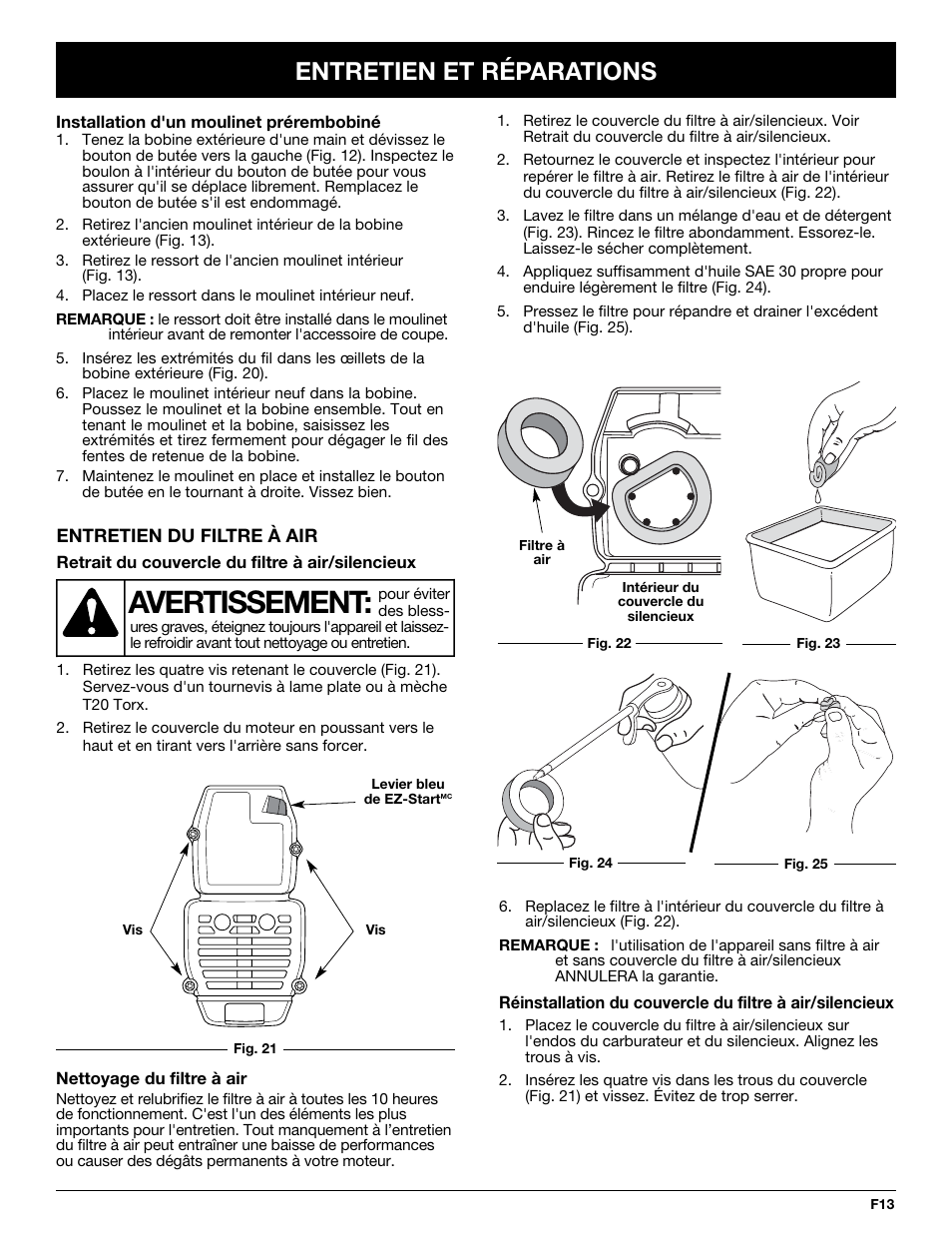 Avertissement, Entretien et réparations | MTD TB65SS User Manual | Page 33 / 64