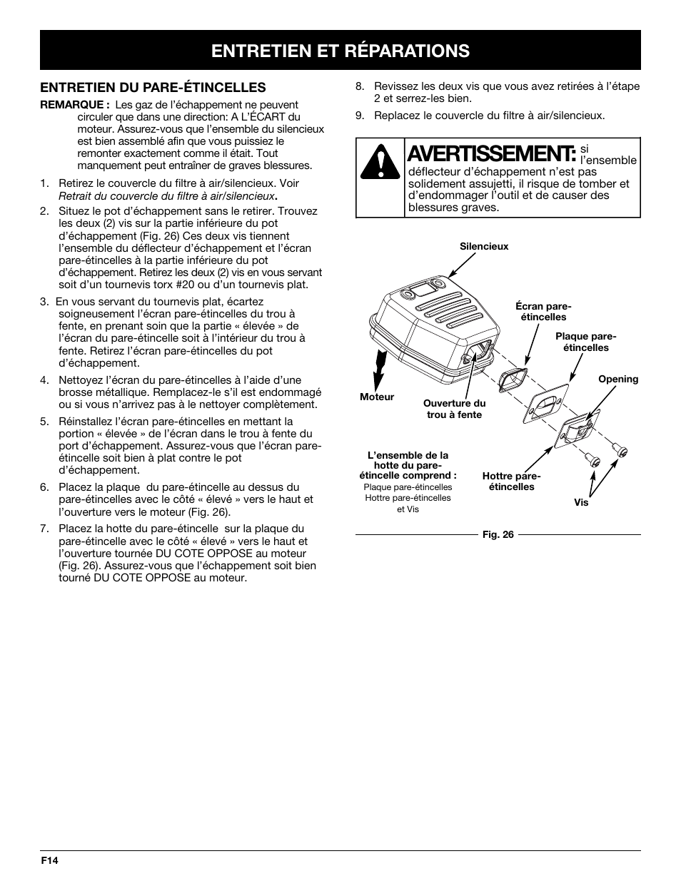 Avertissement, Entretien et réparations | MTD TB65SS User Manual | Page 34 / 64