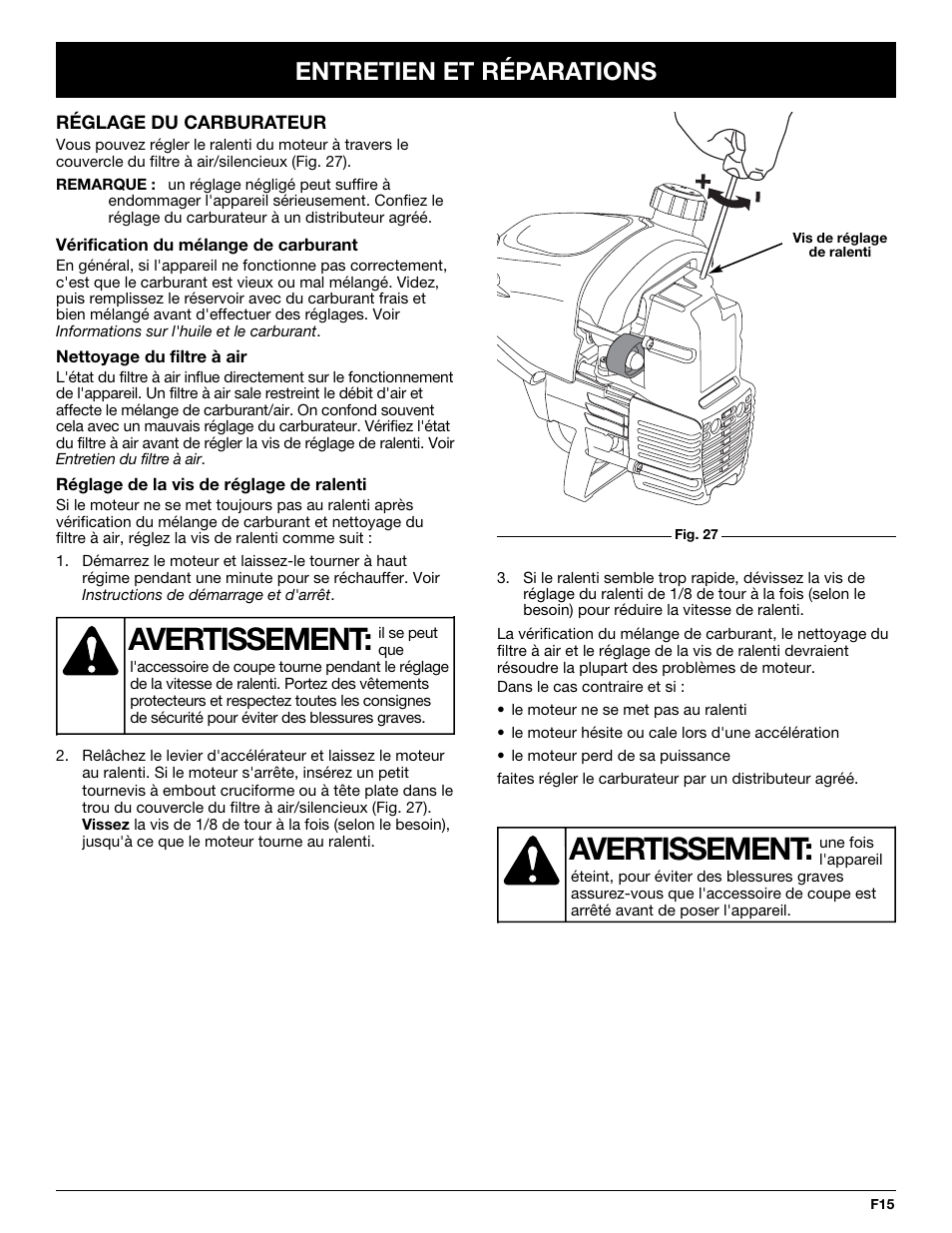 Avertissement, Entretien et réparations | MTD TB65SS User Manual | Page 35 / 64