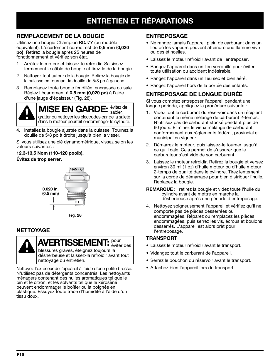 Mise en garde, Avertissement, Entretien et réparations | MTD TB65SS User Manual | Page 36 / 64