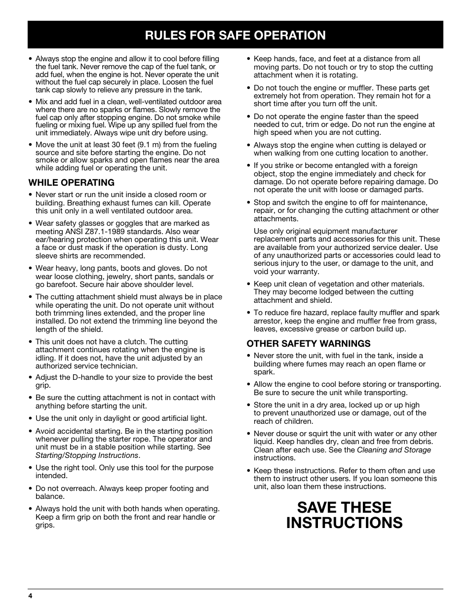 Save these instructions, Rules for safe operation | MTD TB65SS User Manual | Page 4 / 64