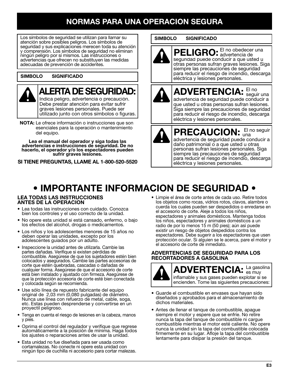 Importante informacion de seguridad, Advertencia, Peligro | Precaucion, Alerta de seguridad, Normas para una operacion segura | MTD TB65SS User Manual | Page 43 / 64