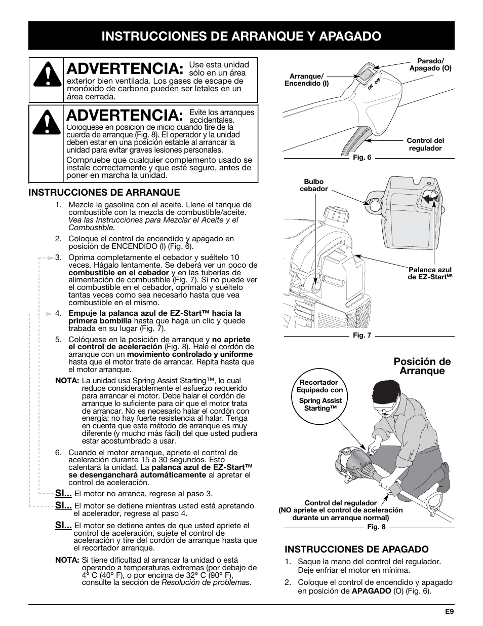 Advertencia, Instrucciones de arranque y apagado, Posición de arranque | MTD TB65SS User Manual | Page 49 / 64