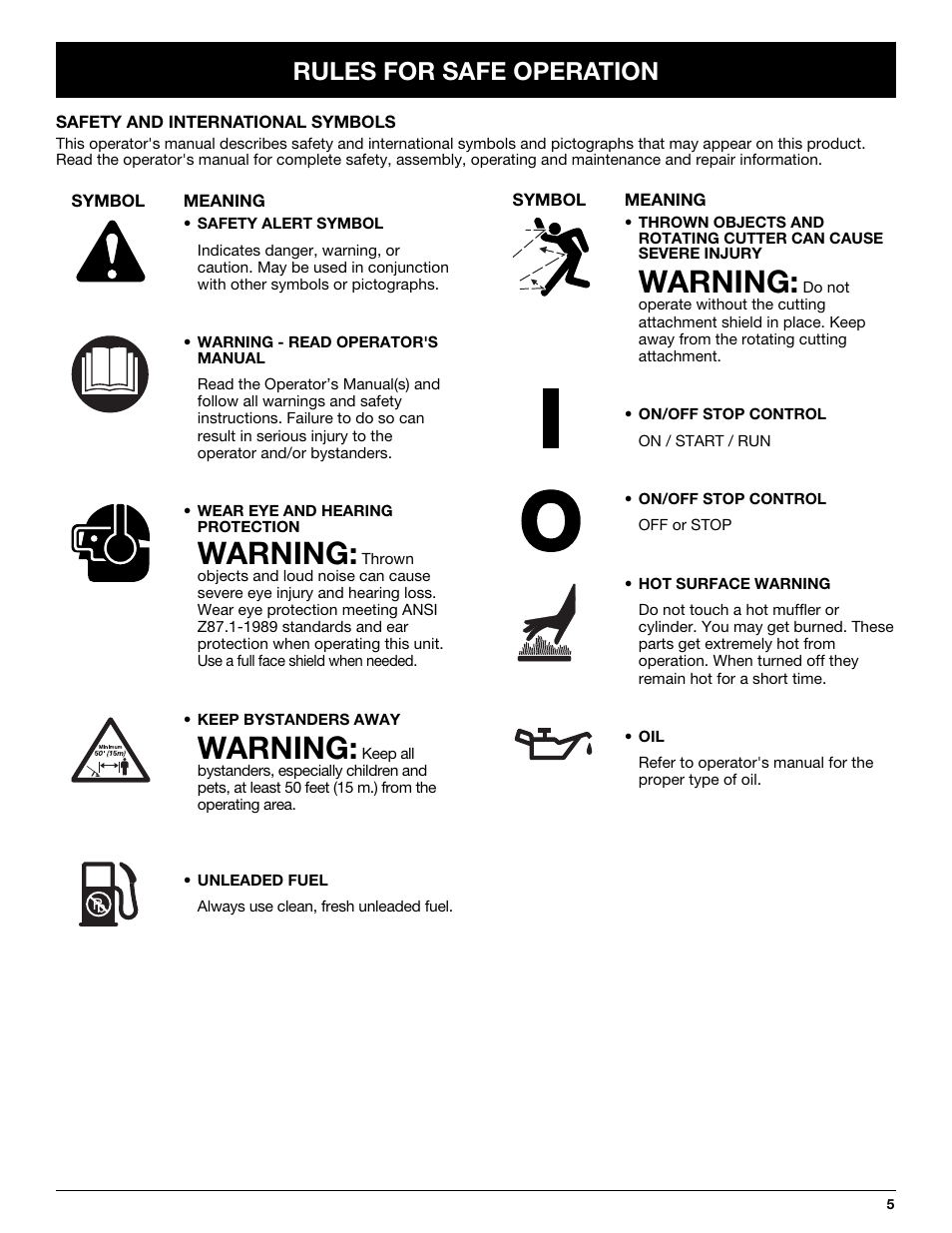 Warning, Rules for safe operation | MTD TB65SS User Manual | Page 5 / 64