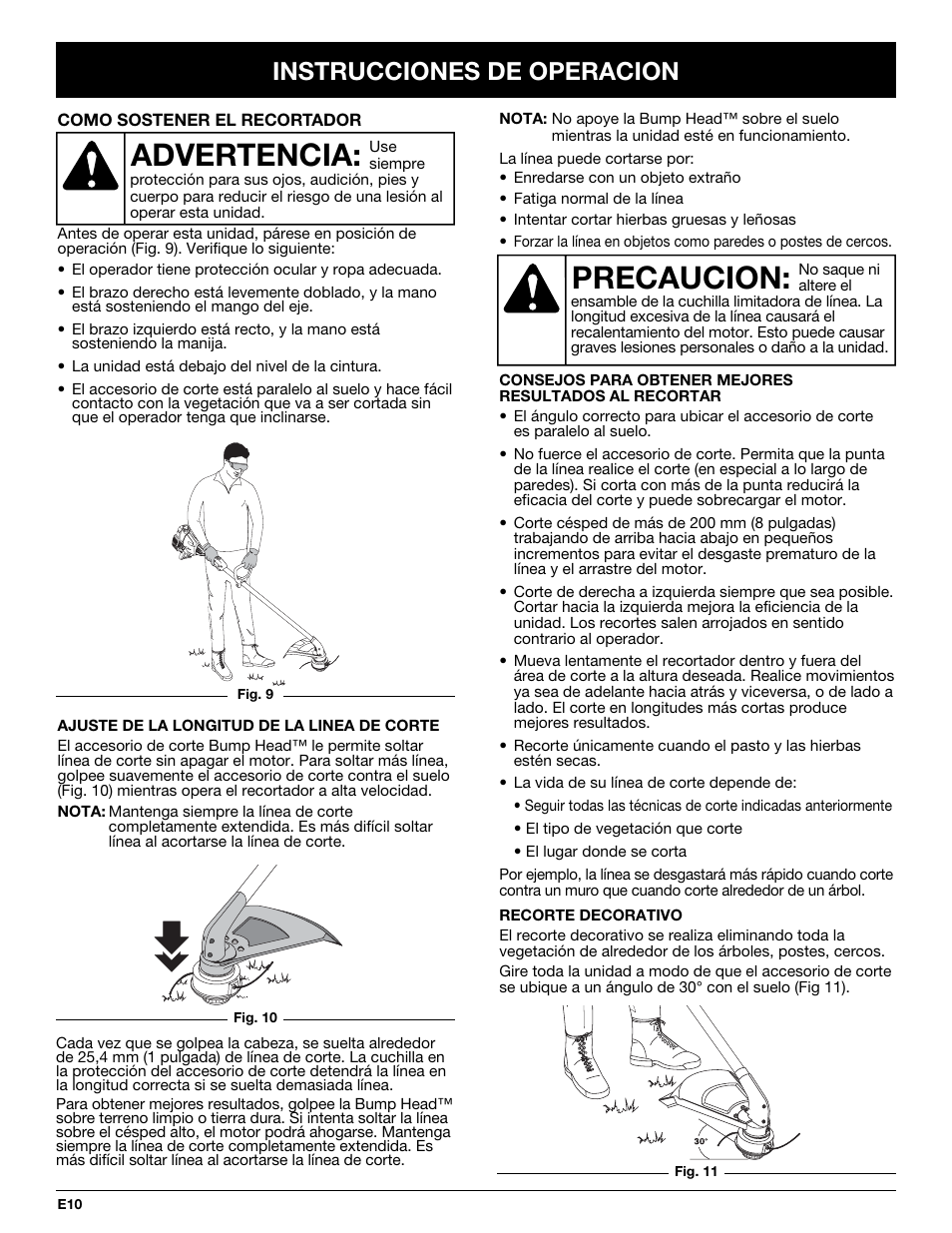 Precaucion, Advertencia, Instrucciones de operacion | MTD TB65SS User Manual | Page 50 / 64