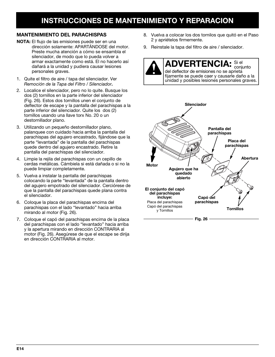 Advertencia, Instrucciones de mantenimiento y reparacion | MTD TB65SS User Manual | Page 54 / 64