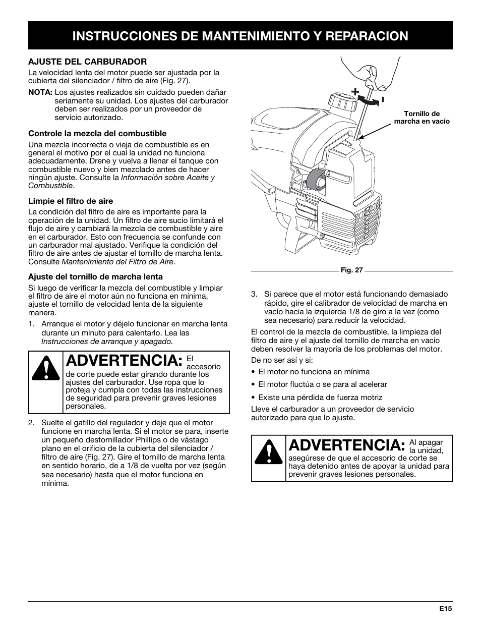 Advertencia, Instrucciones de mantenimiento y reparacion | MTD TB65SS User Manual | Page 55 / 64