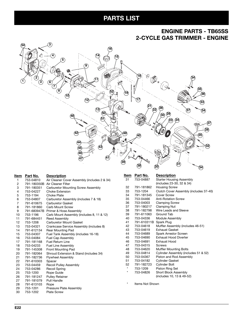 Parts list, Engine parts - tb65ss 2-cycle gas trimmer - engine | MTD TB65SS User Manual | Page 62 / 64