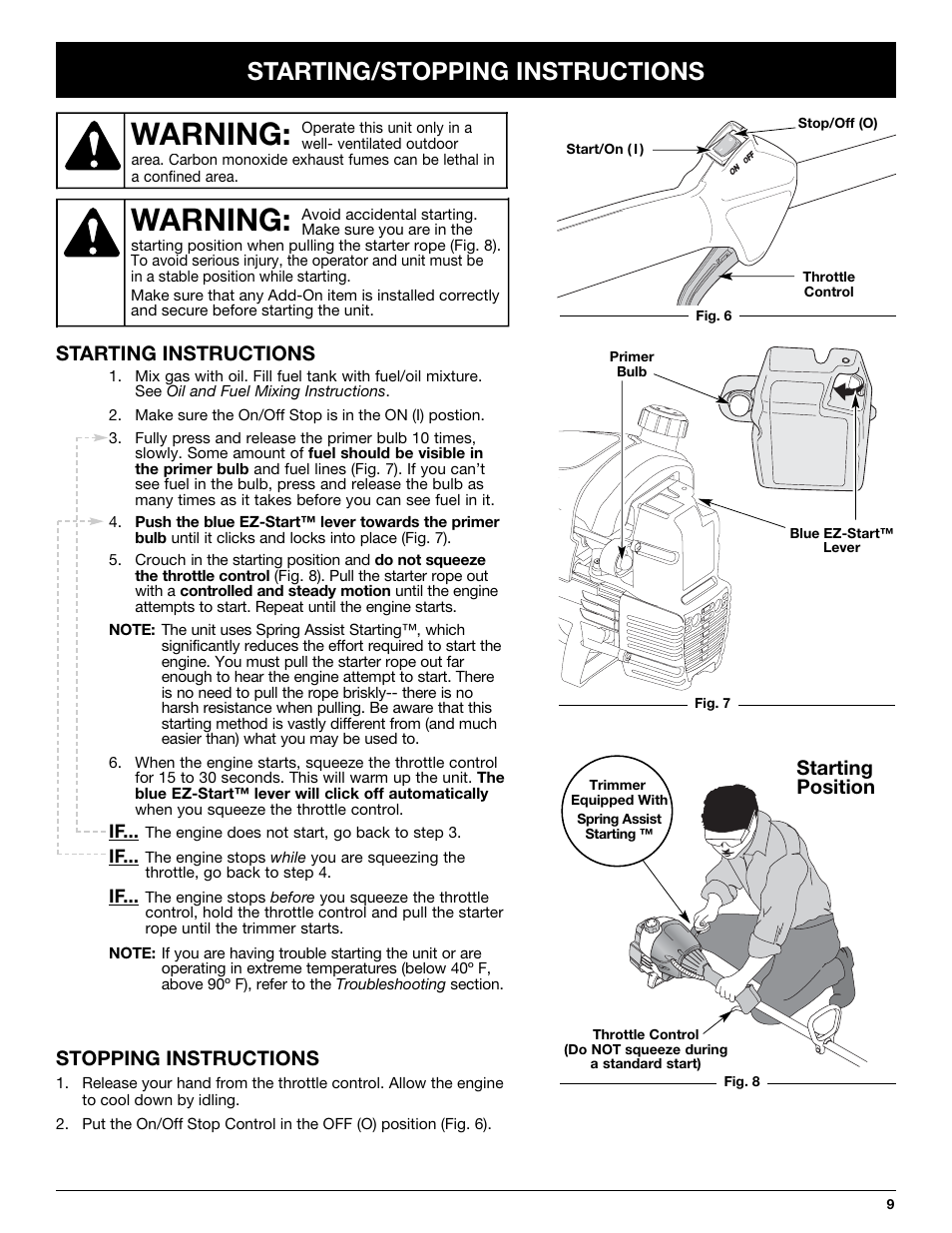 Warning, Starting/stopping instructions, Starting instructions | Stopping instructions, Starting position | MTD TB65SS User Manual | Page 9 / 64