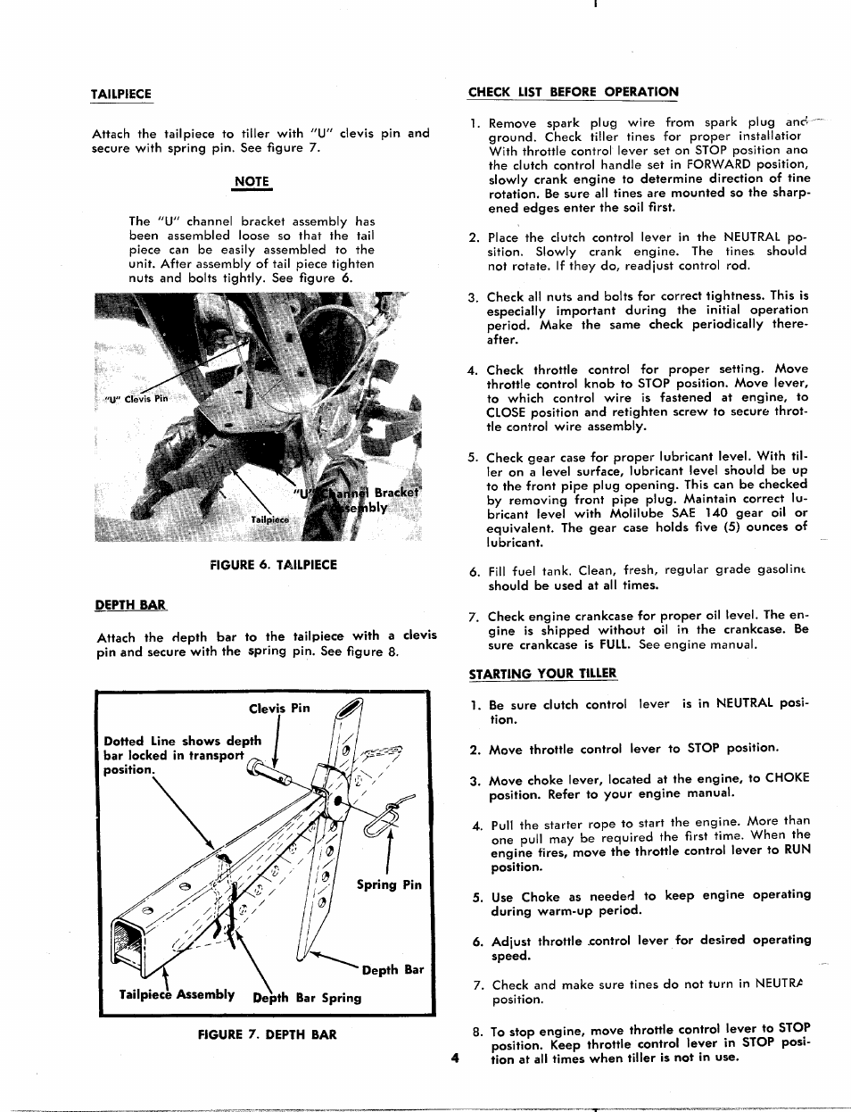 Check list before operation, Note, Depth bar | Starting your tiller | MTD 215-370 A User Manual | Page 4 / 16