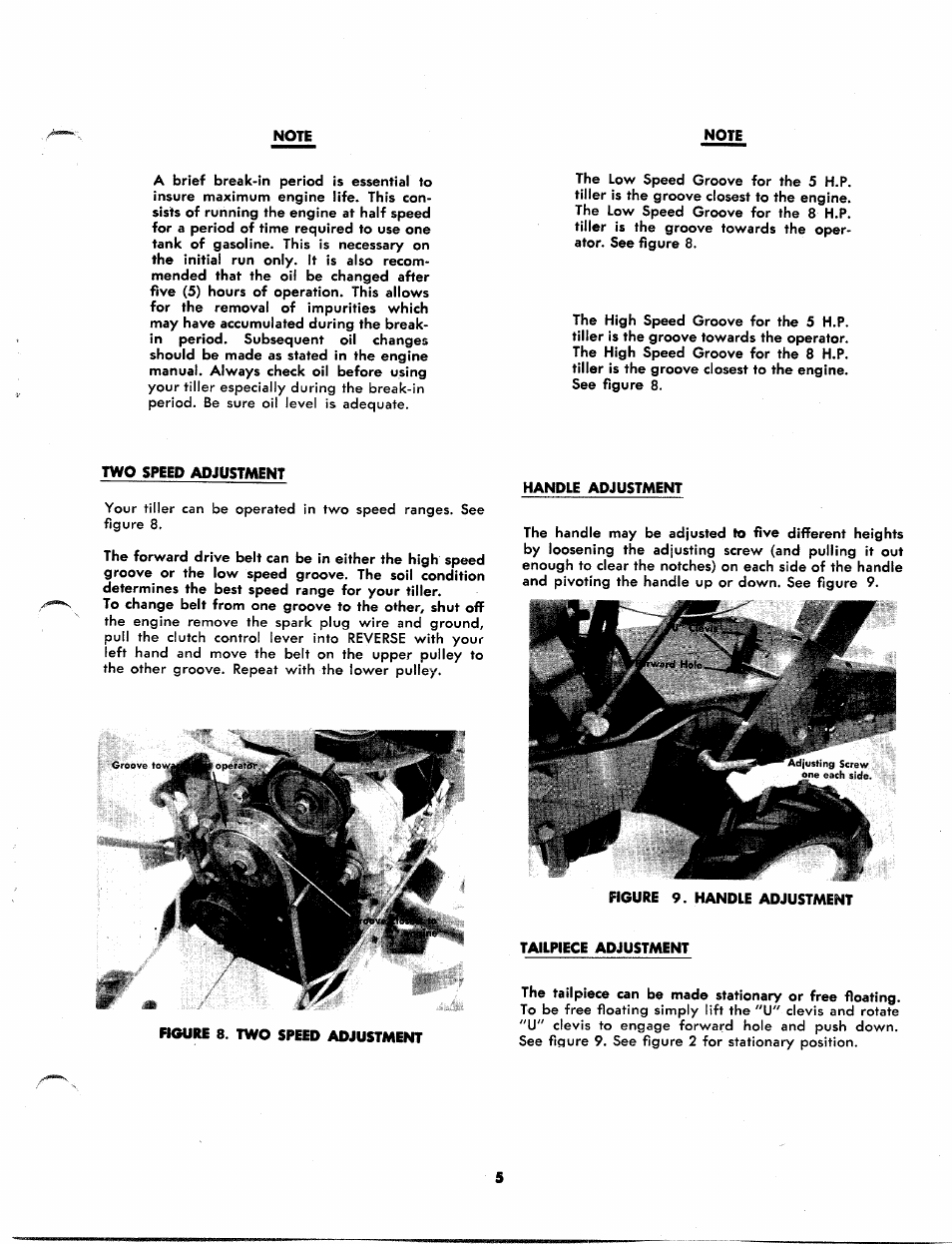 Note, Two speed adjustment, Handle adjustment | Tailpiece adjustment | MTD 215-370 A User Manual | Page 5 / 16