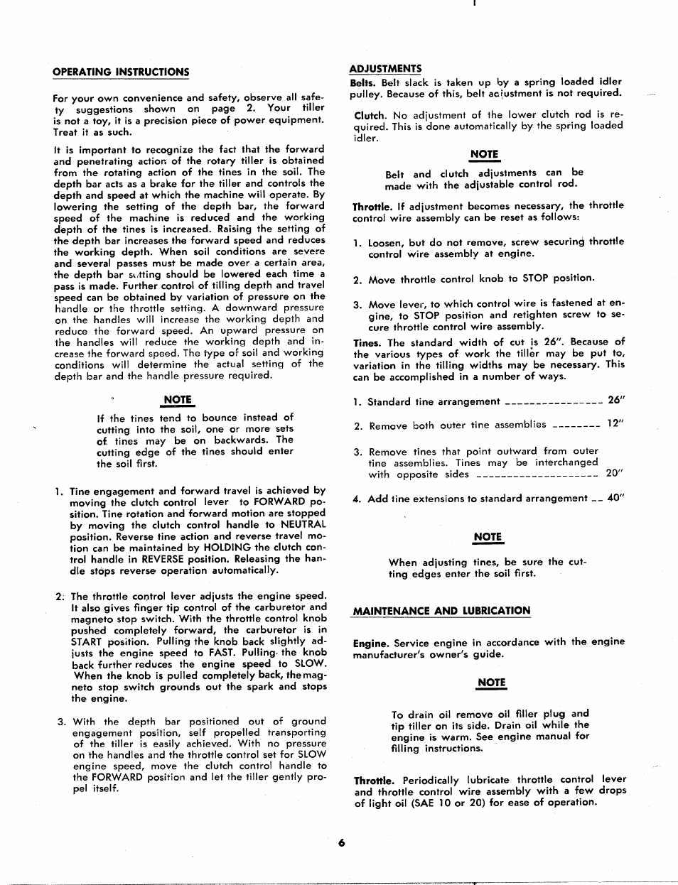 Operating instructions, Note, Adjustments | A6aintenance and lubrication | MTD 215-370 A User Manual | Page 6 / 16