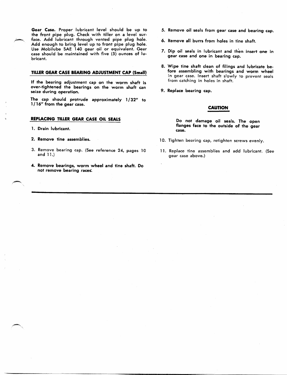 Tiller gear case bearing adjustment cap (small), Caution, Replacing tiller gear case oil seals | MTD 215-370 A User Manual | Page 7 / 16