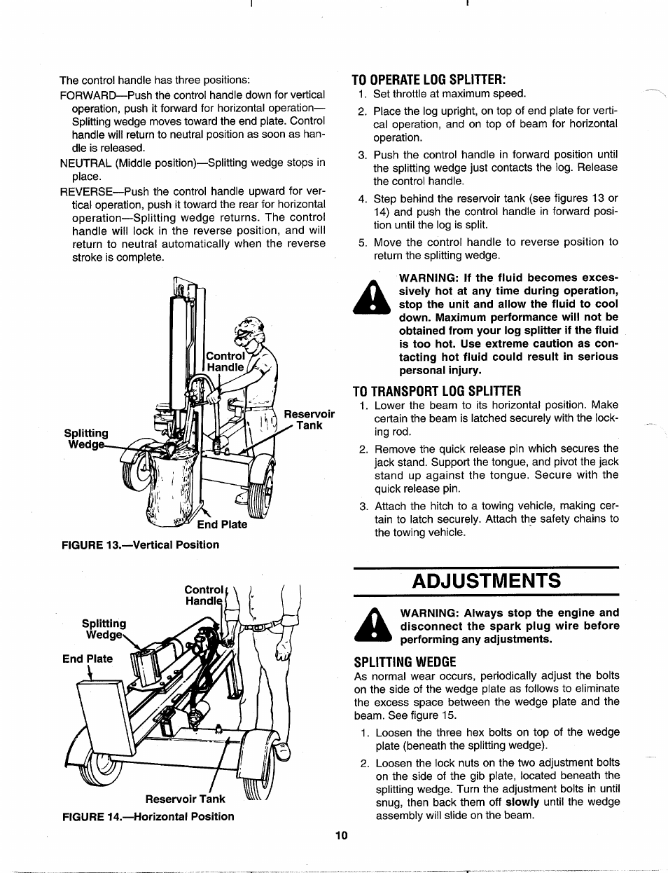 To transport log splitter, Adjustments, Splitting wedge | MTD 630 thru 635 User Manual | Page 10 / 16