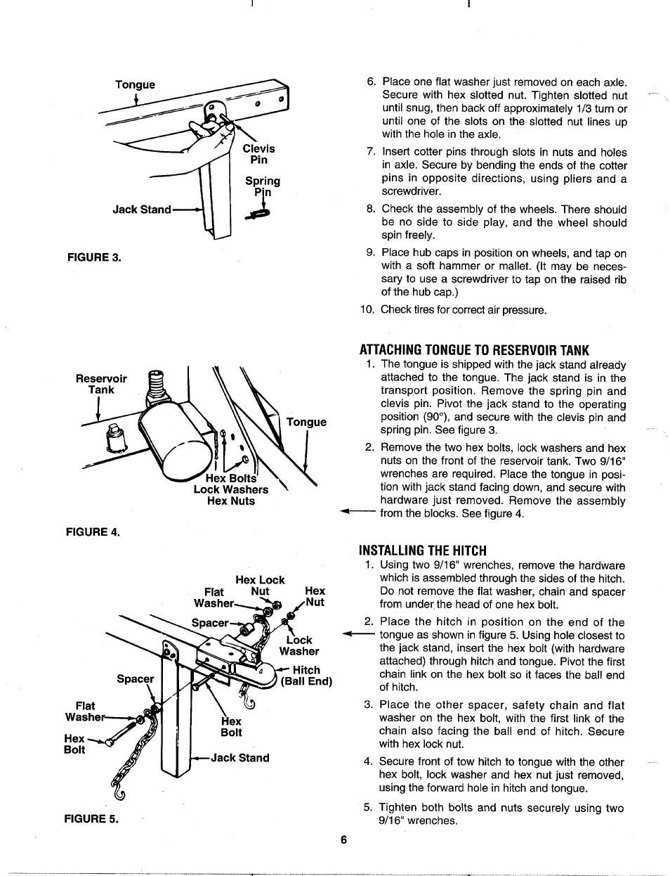 Attaching tongue to reservoir tank, Installing the hitch | MTD 630 thru 635 User Manual | Page 6 / 16