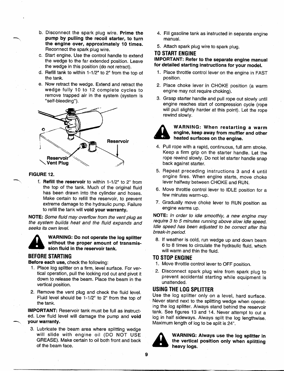 Before starting, To start engine, To stop engine | Using the log splitter | MTD 630 thru 635 User Manual | Page 9 / 16